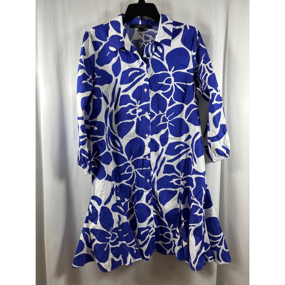 Cynthia Steffe Blue White Floral Cotton Button Front Ruffle Hem Shirt Dress L
